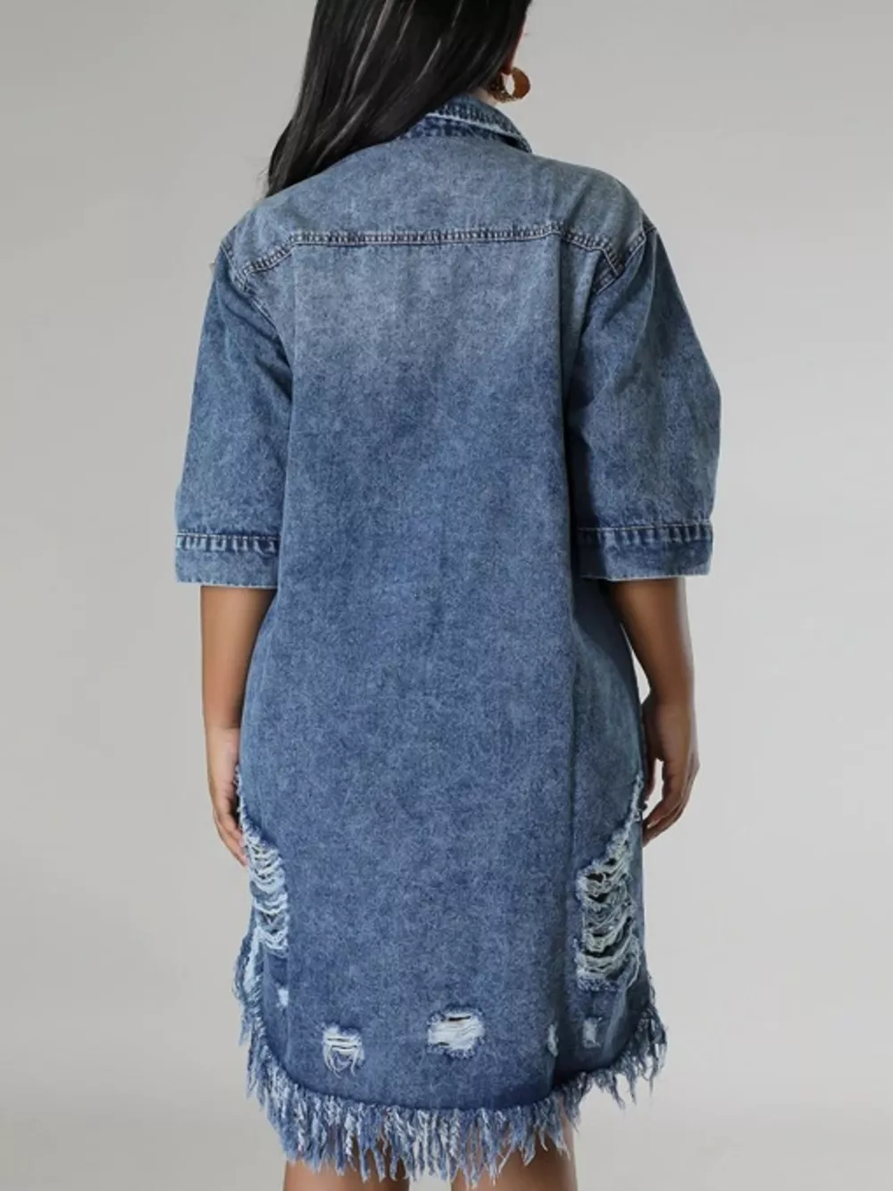 Plus Size Distressed Frayed Hem Button-Down Denim Dress, image 7