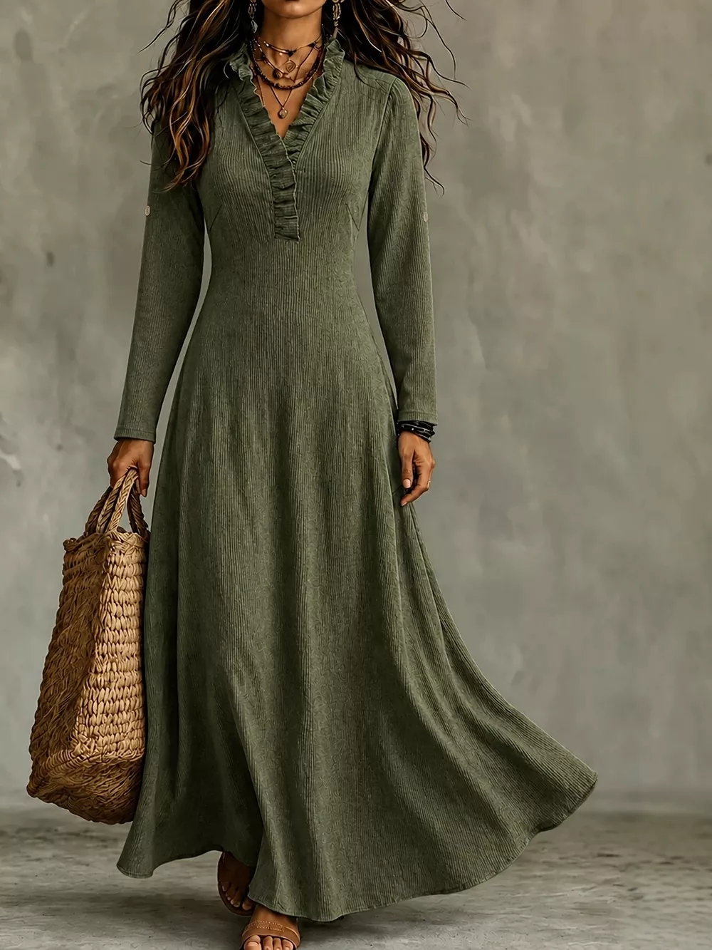Full Size Frill Roll-Up Sleeve Maxi Dress Plus Size, image 19