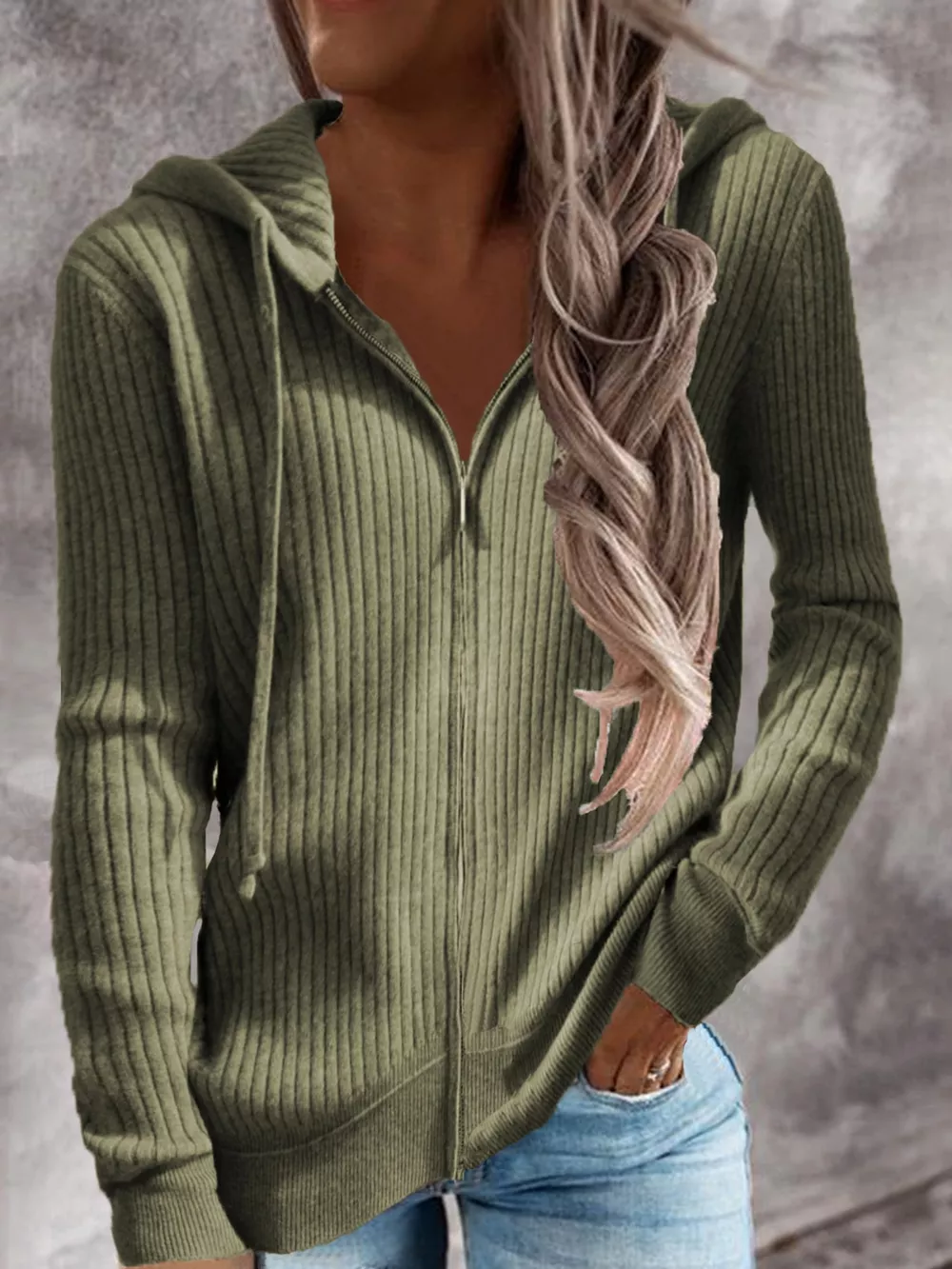 Full Size Ribbed Knit Zip-Up Hooded Cardigan Plus Size, image 16