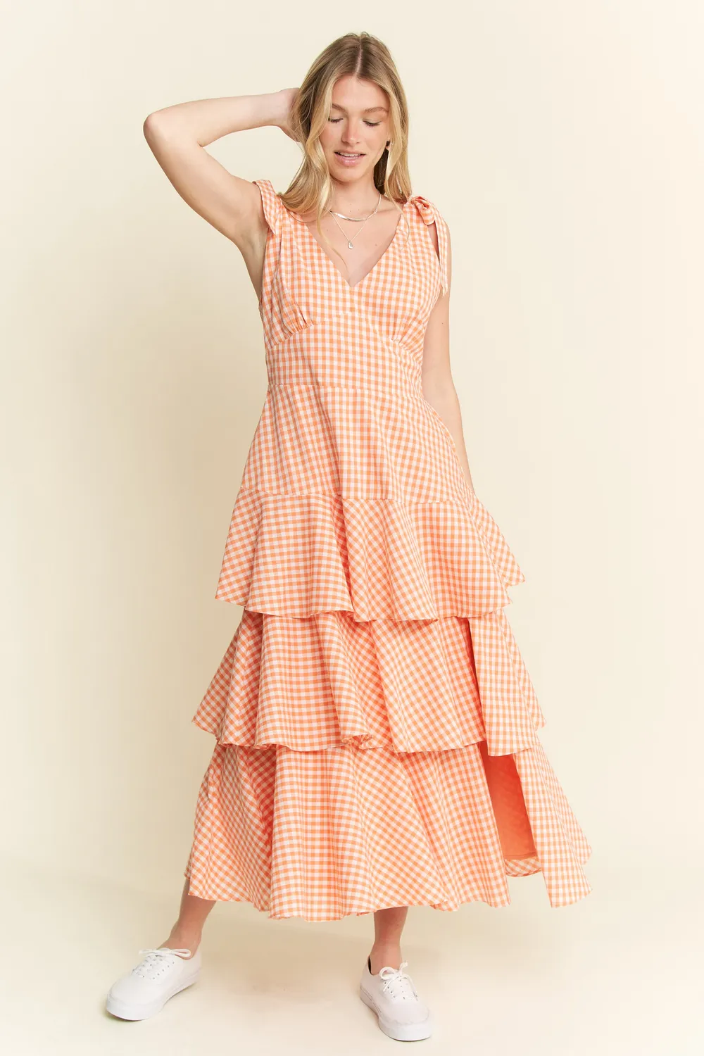 Sleeveless Gingham Print Tiered Midi Dress, image 14