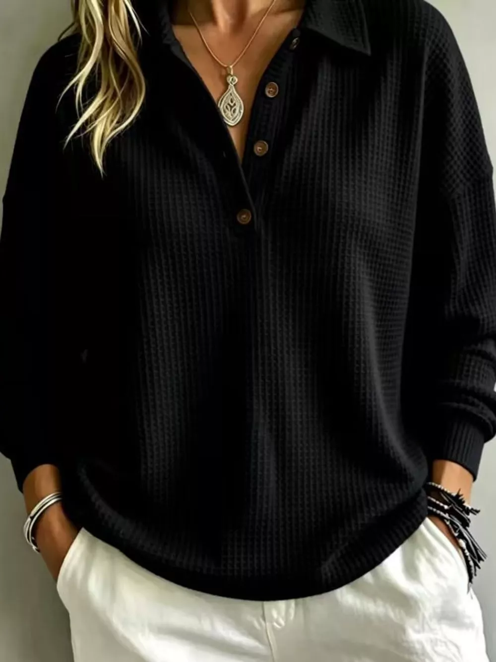 Full Size Waffle Knit Dropped Shoulder Top Plus Size, image 5