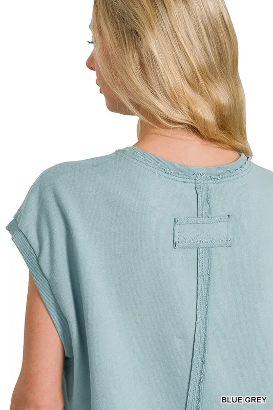 French Terry Round Neck Cap Sleeve T-Shirt, image 3
