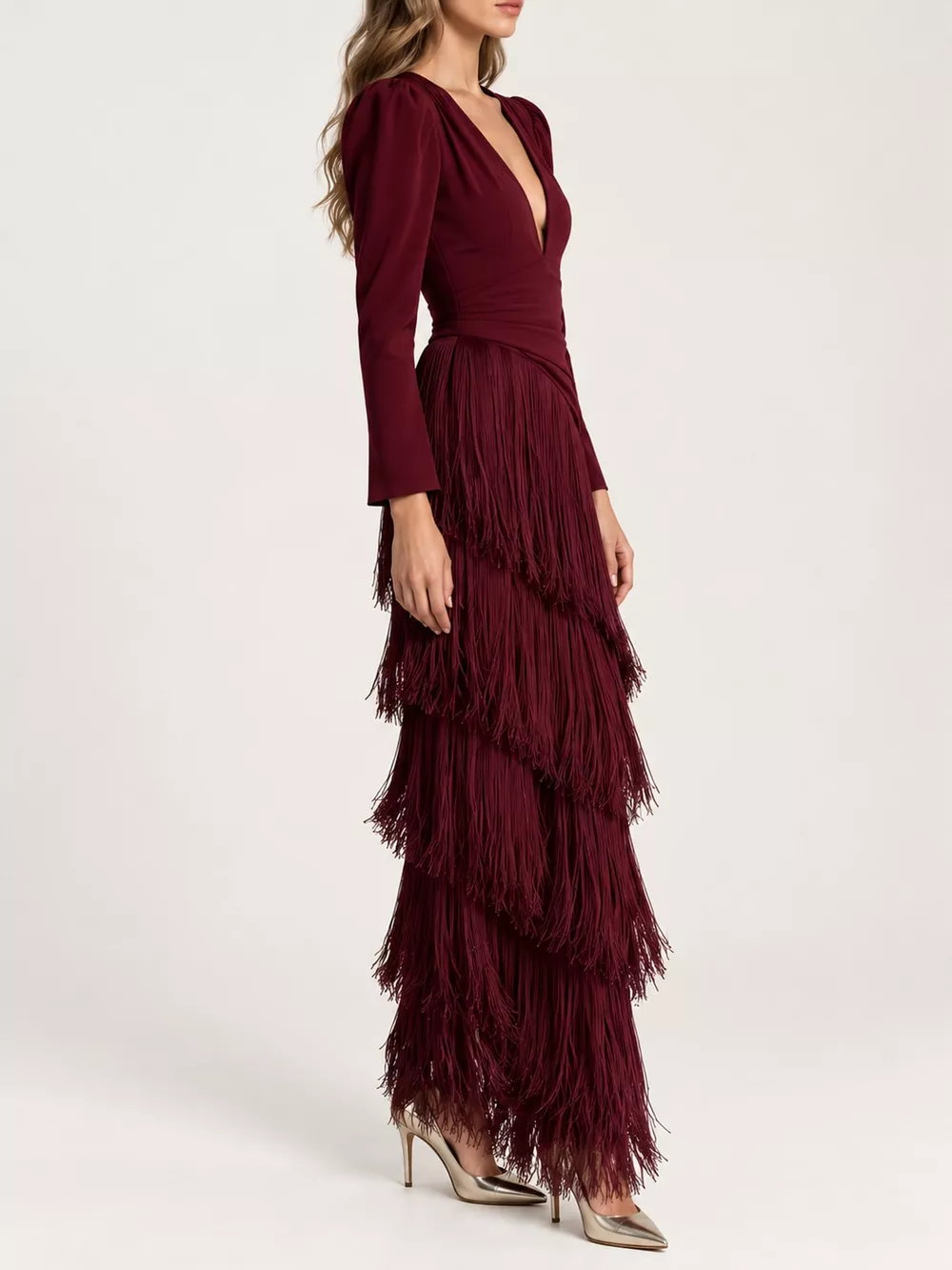 Fringed V-Neck Puff Sleeve Maxi Dress, image 24
