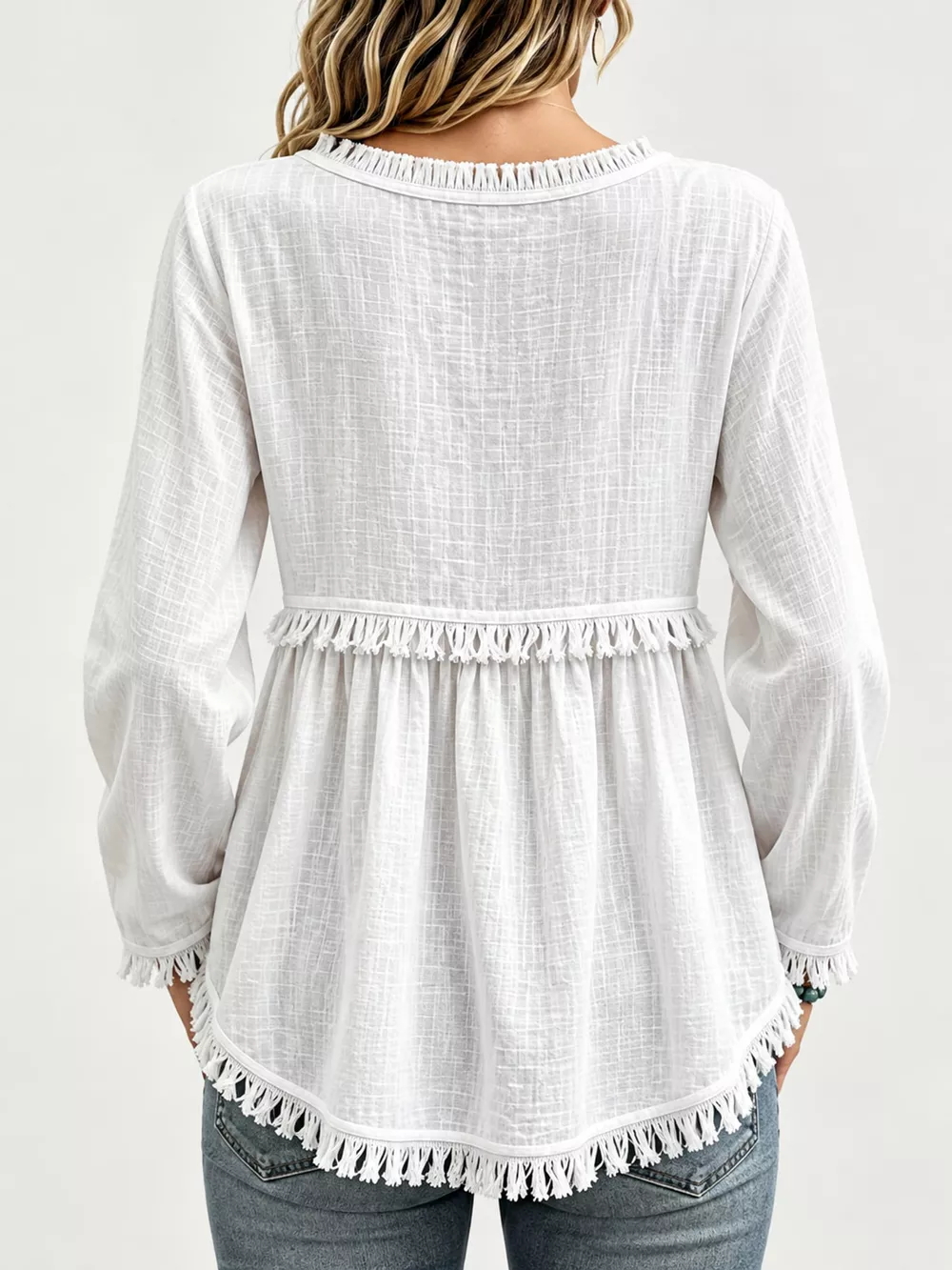 Full Size Fringed Trim V-Neck Long Sleeve Blouse Plus Size, image 9