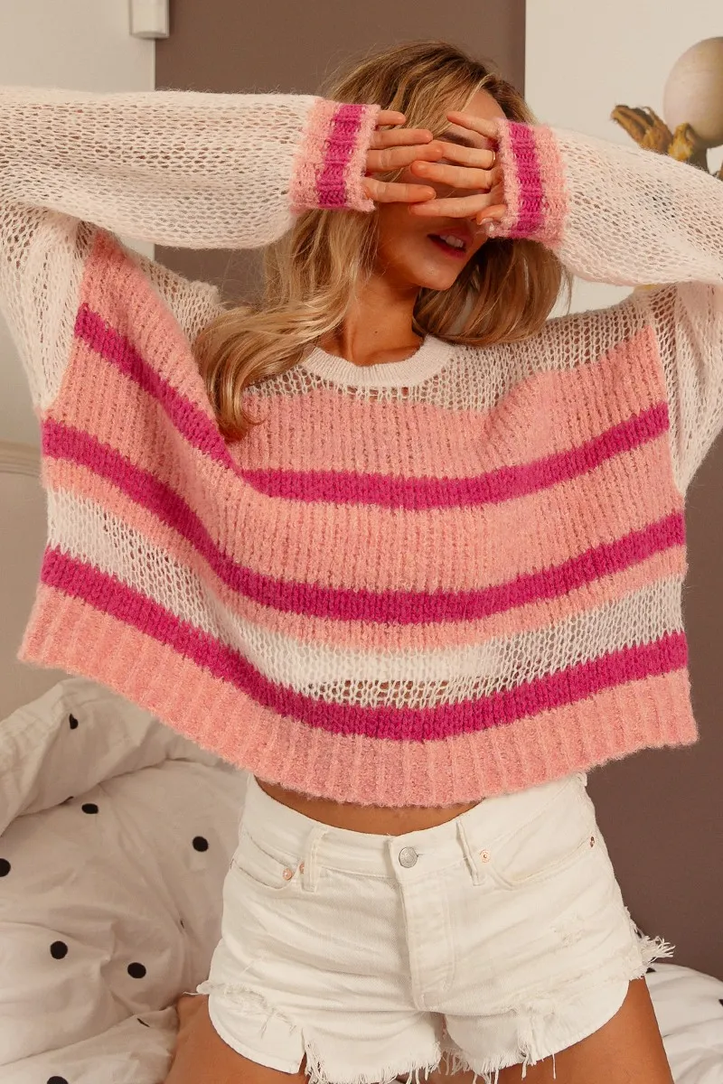Hollow Out Yoke Detail Striped Sweater, image 2