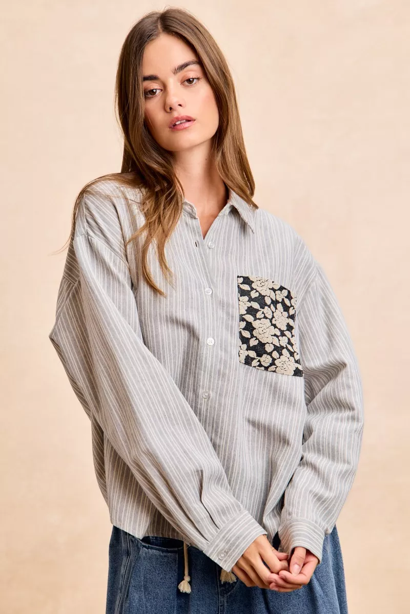 Flower Jacquard Knit Patch Pocket Stripe Shirt, image 2