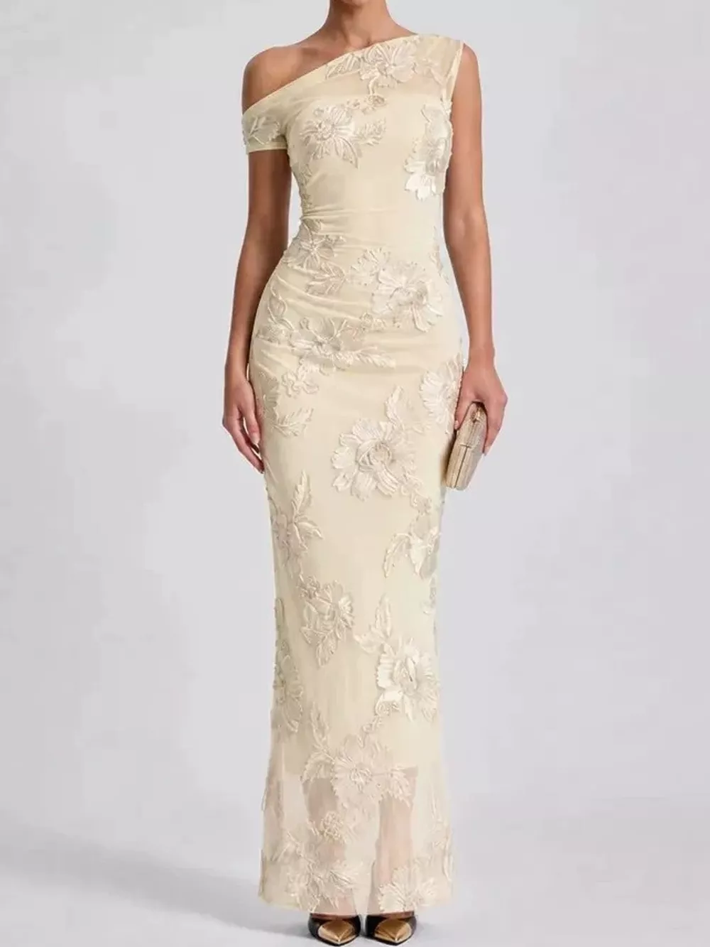 One-Shoulder Floral Embroidered Maxi Dress