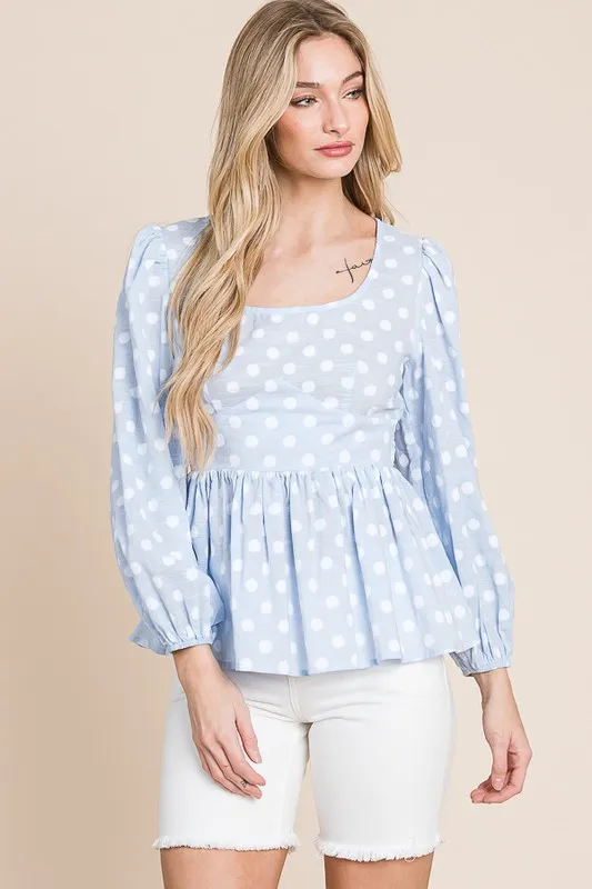 Polka Dot Print Balloon Sleeve Babydoll Peplum Top, image 2