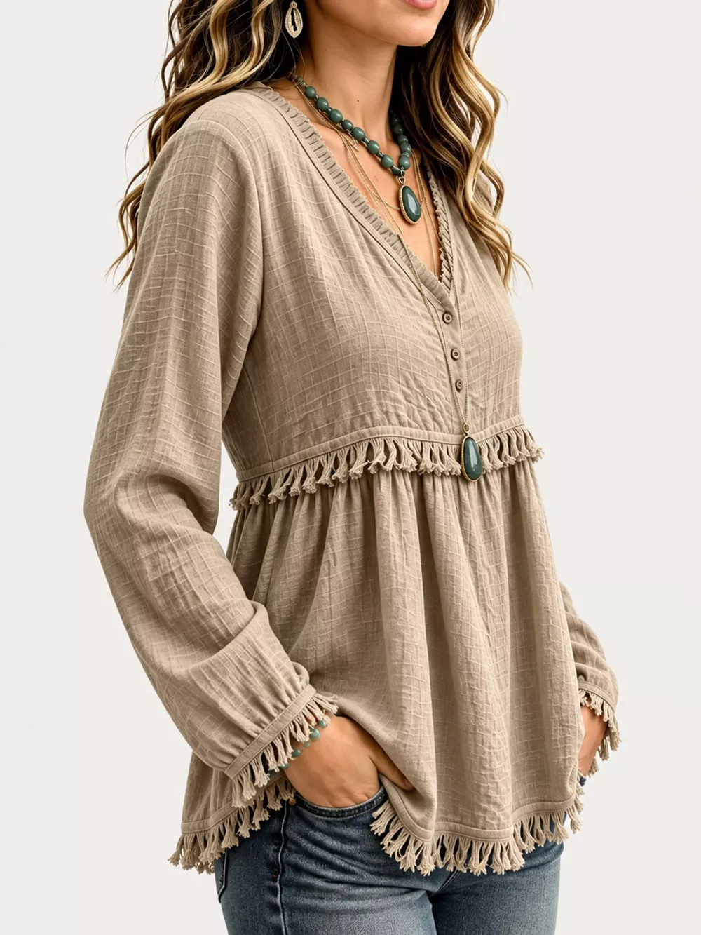 Full Size Fringed Trim V-Neck Long Sleeve Blouse Plus Size, image 19