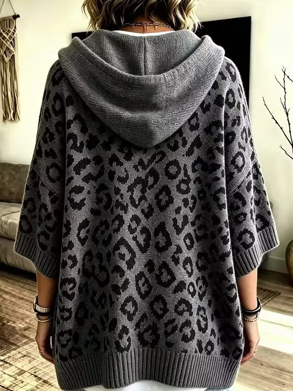 Full Size Leopard Print Hooded Knit Sweater Plus Size, image 22