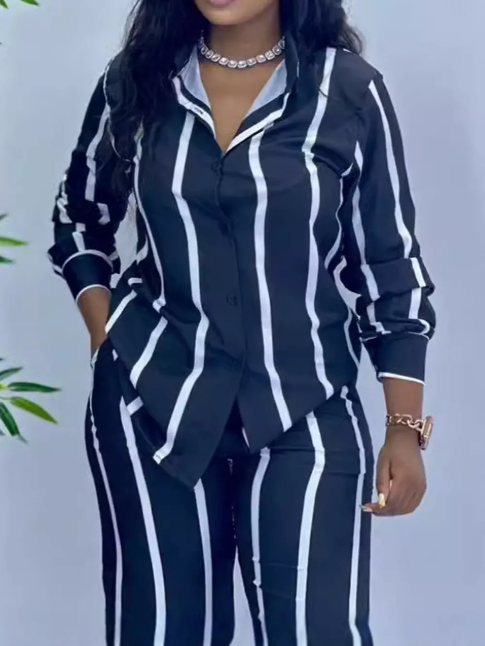 Striped Button-Down Shirt and Wide-Leg Pants Two-Piece Set