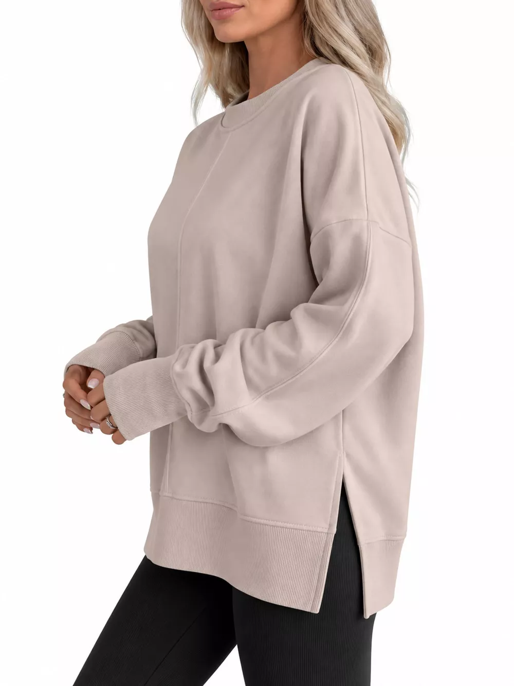 Oversized Crew Neck Sweatshirt with Side Slit, image 48