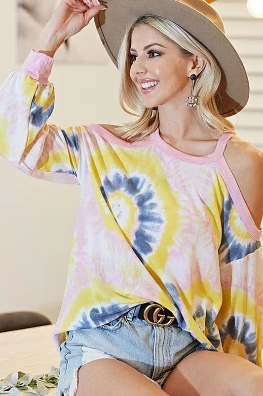 Tie Dye Print Terry Top with Cold Shoulder Detail, image 2