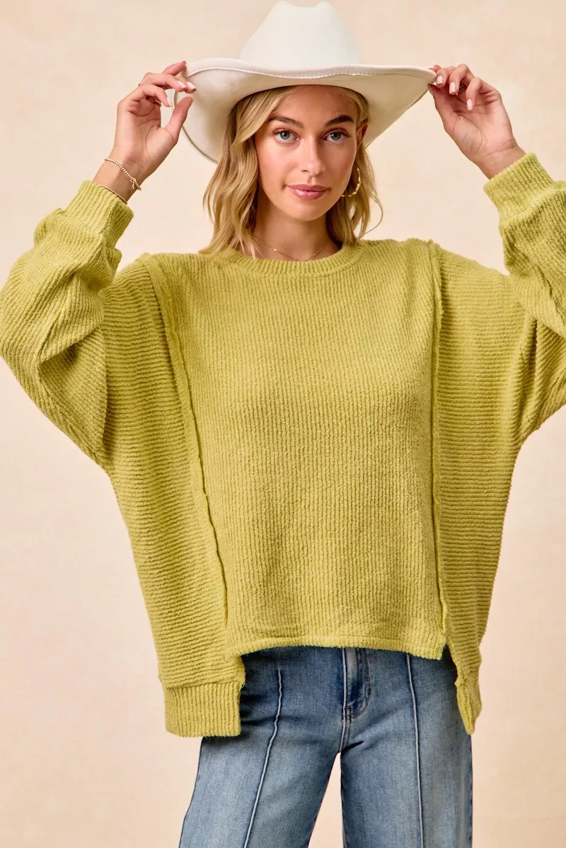 Boucle Rib Knit Uneven Hem Sweater With Open Seam, image 2