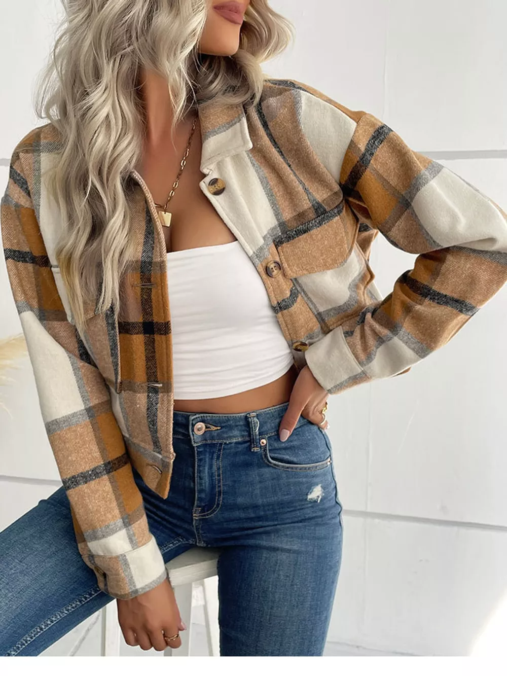Plaid Button-Front Cropped Jacket, image 11