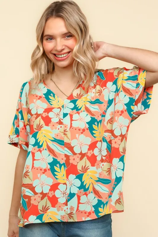 V Neck Drop Shoulder Hawaiian Woven Top, image 9