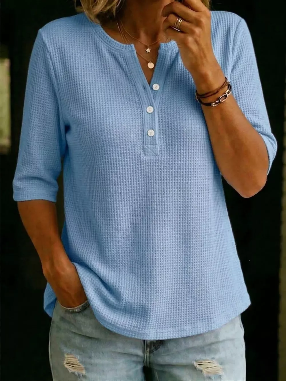 Full Size Waffle Knit Henley T-Shirt Plus Size, image 3