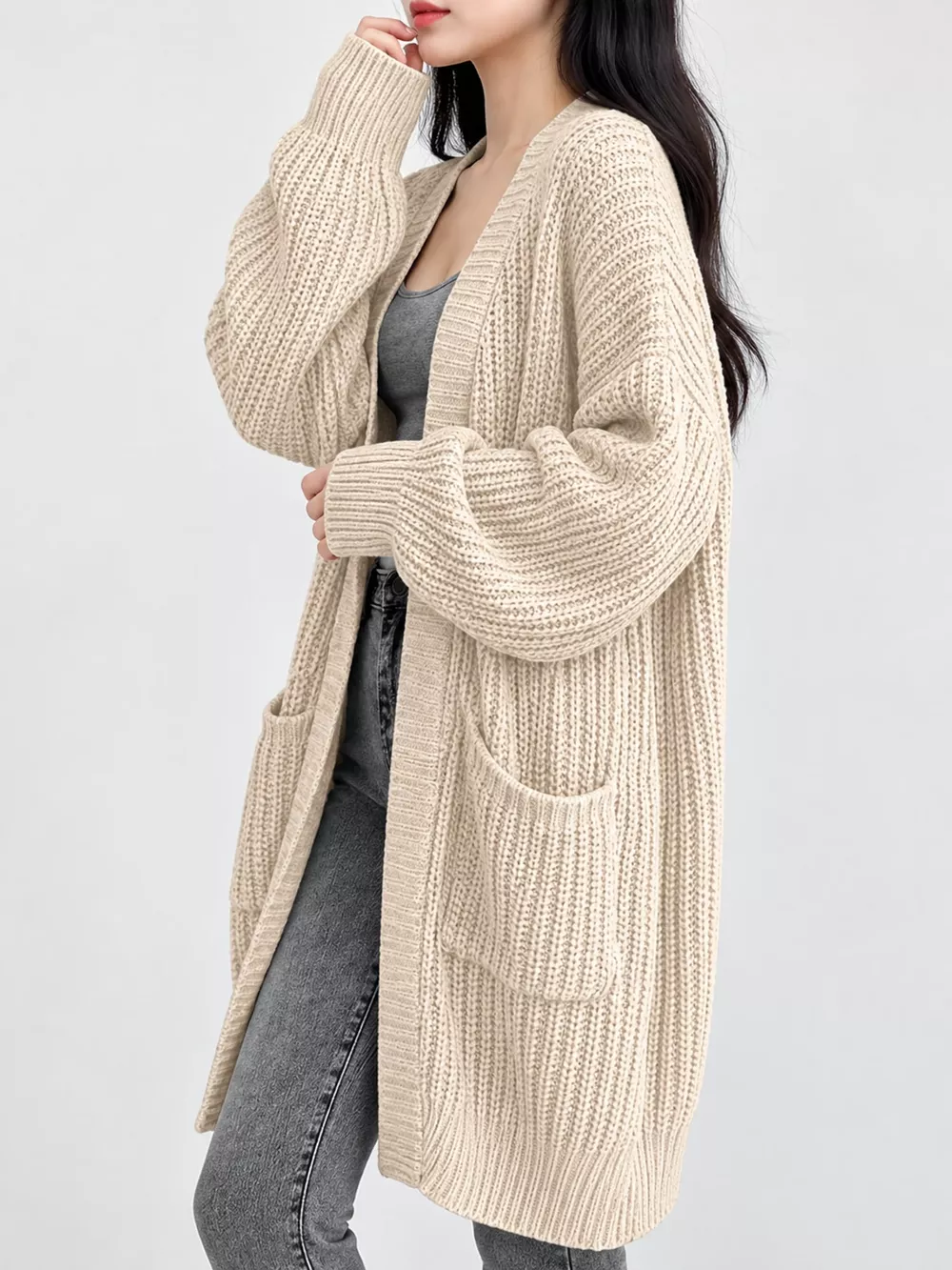Full Size Chunky Knit Openwork Front Longline Cardigan Plus Size, image 13