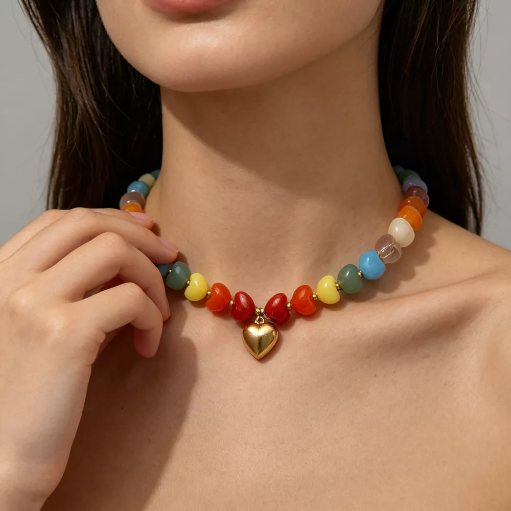 Colorful Heart Pendant Beaded Collarbone Necklace, image 2