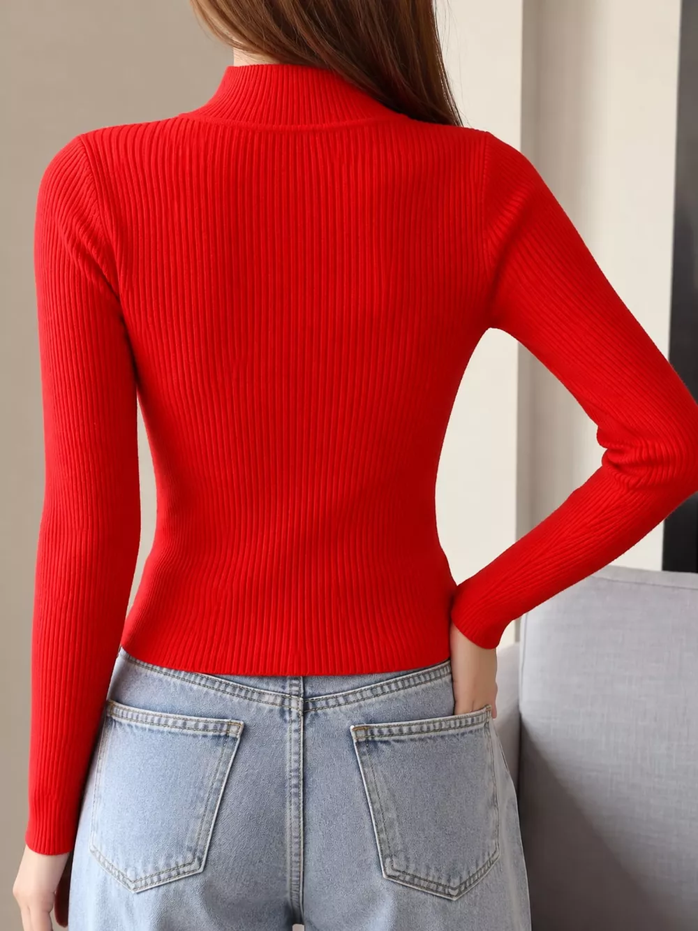 Elegant Slim-Fit Ribbed Mock Neck Knit Top, image 81