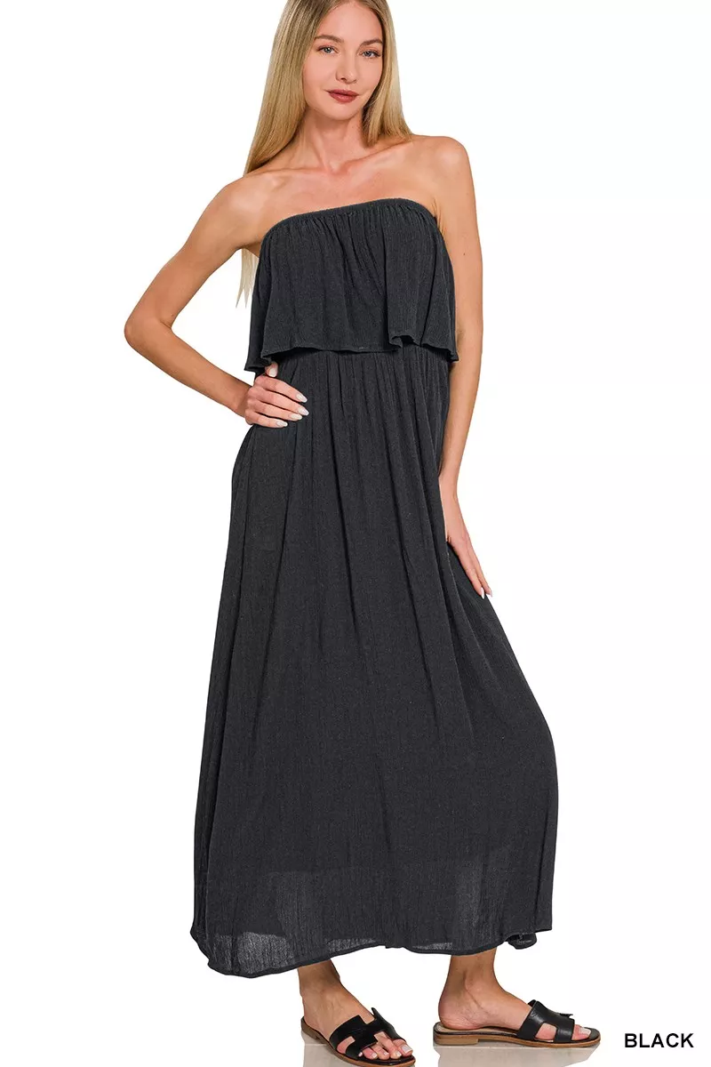 Woven Crinkle Strapless Maxi Dress