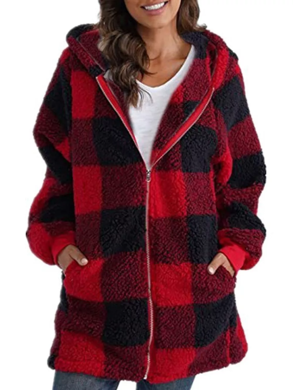 Full Size Plaid Sherpa Hooded Zip-Up Outerwear Plus Size, image 26