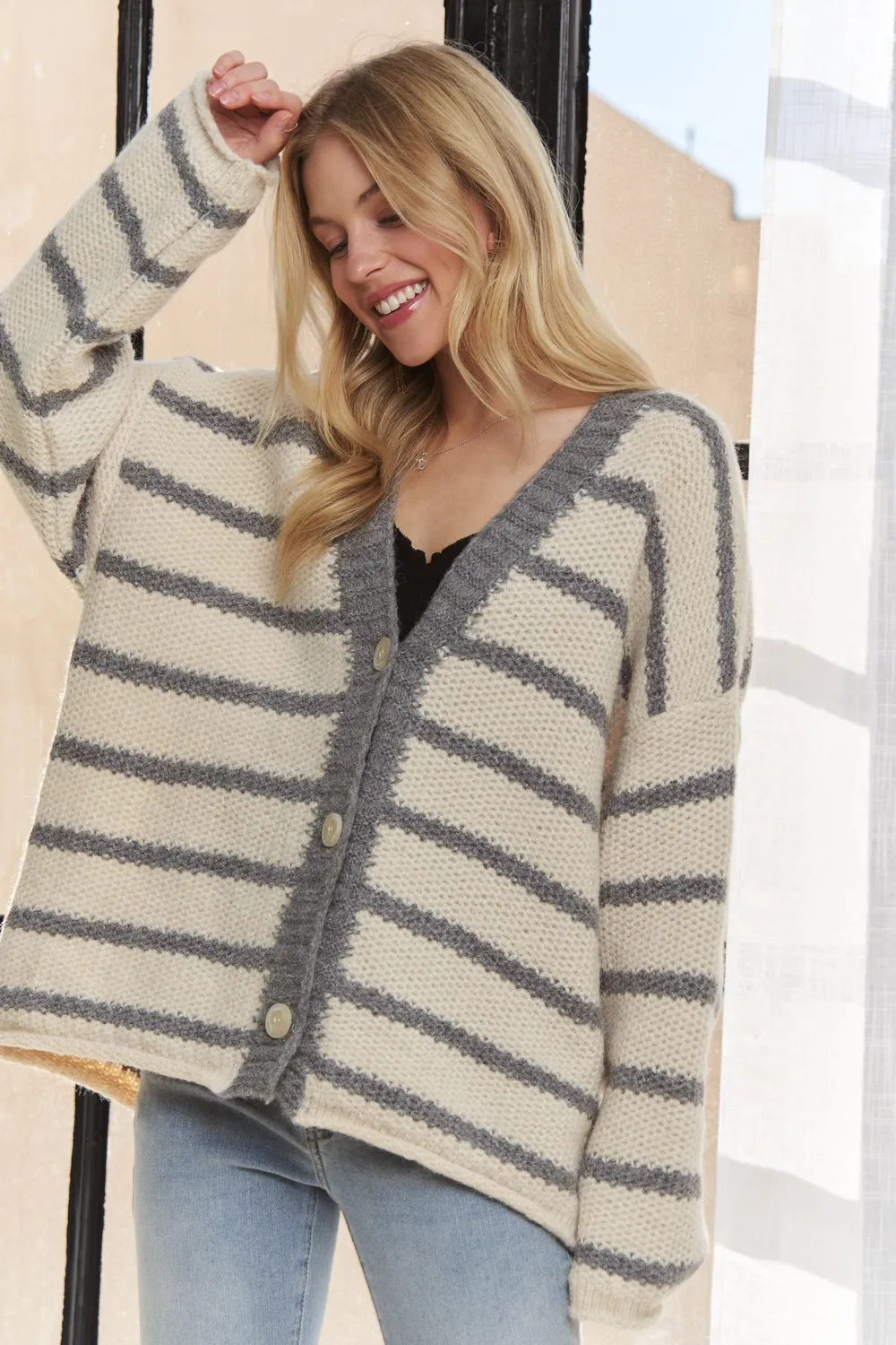 Horizontally Striped Button Up Cardigan, image 3
