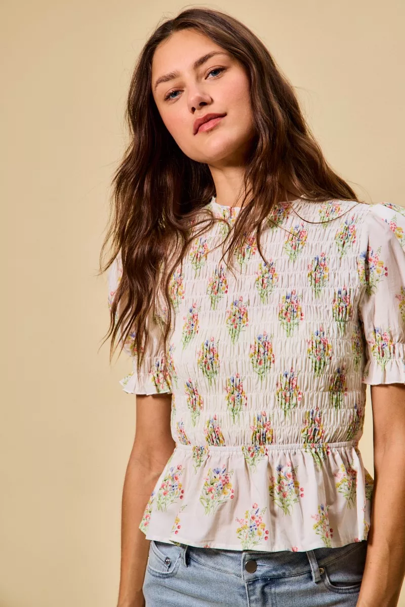 Floral Cotton Smocked Short Sleeves Blouse, image 2