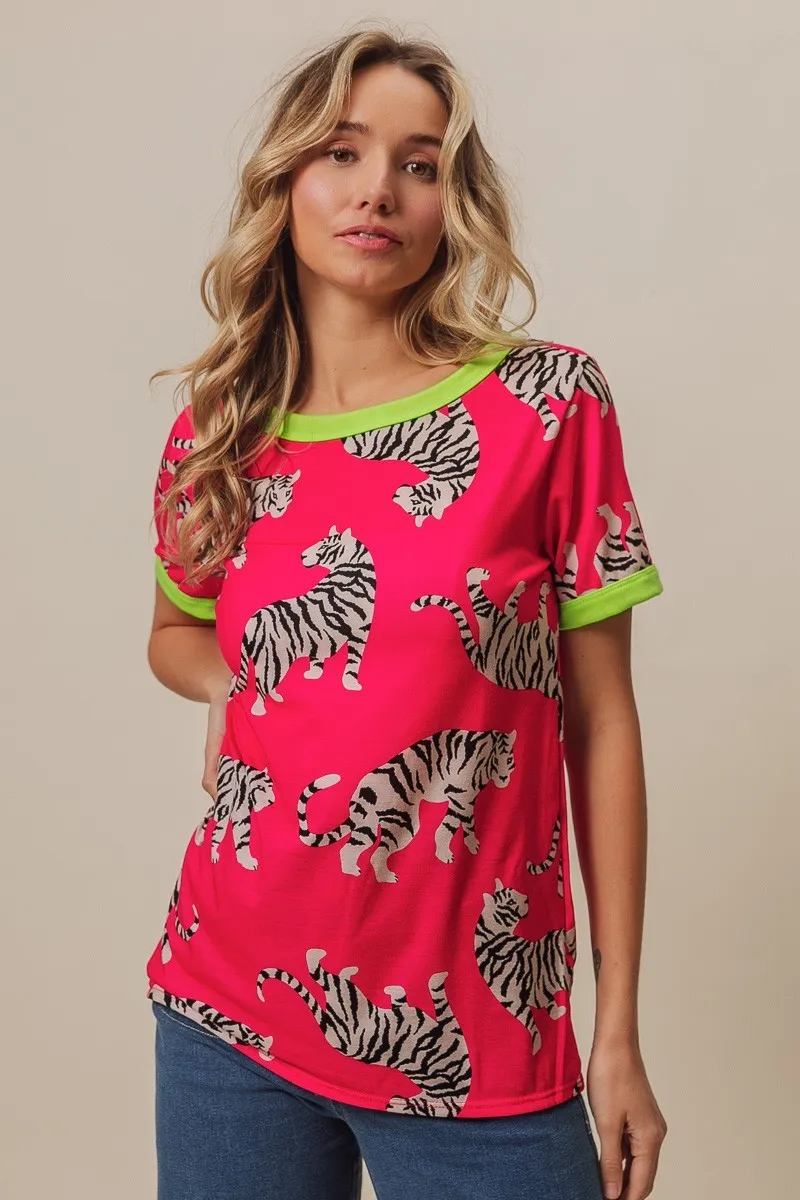 BiBi Big Tiger Print Jersey Contrast Ringer Top, image 8