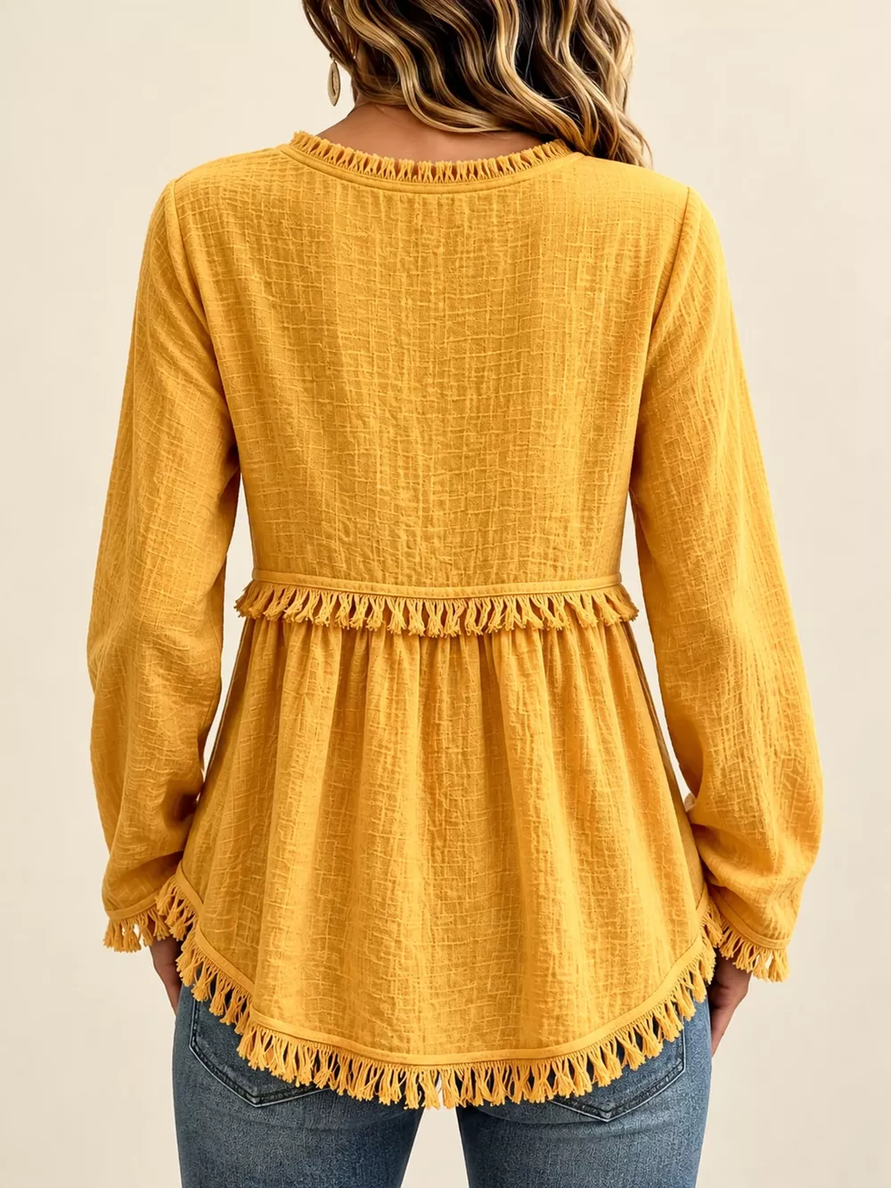 Full Size Fringed Trim V-Neck Long Sleeve Blouse Plus Size, image 15