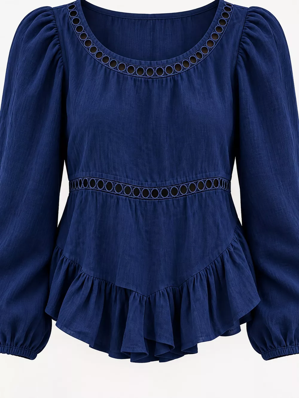 Long Sleeve Blouse with Eyelet Lace Trim and Ruffled Hem, image 27
