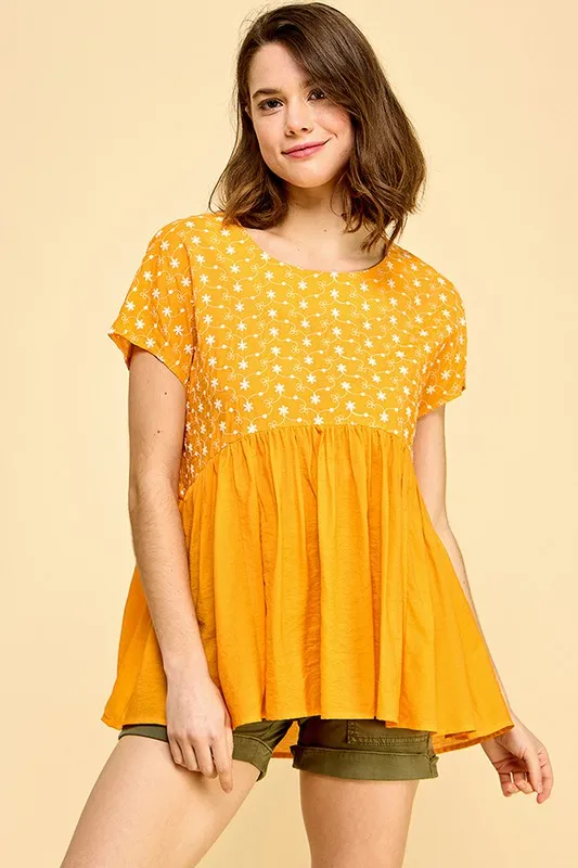 Embroidered Short Sleeve Pleated Babydoll Top