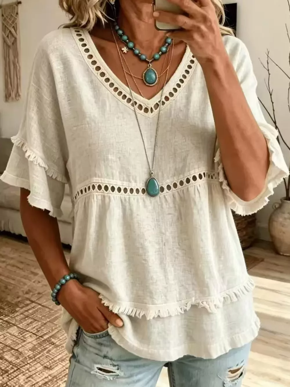 Full Size Frayed Hem V-Neck Blouse Plus Size, image 5