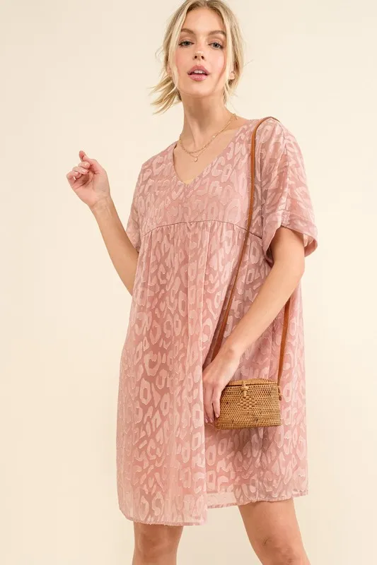 Woven Leopard Baby Doll Roll-Sleeve Casual Dress, image 6