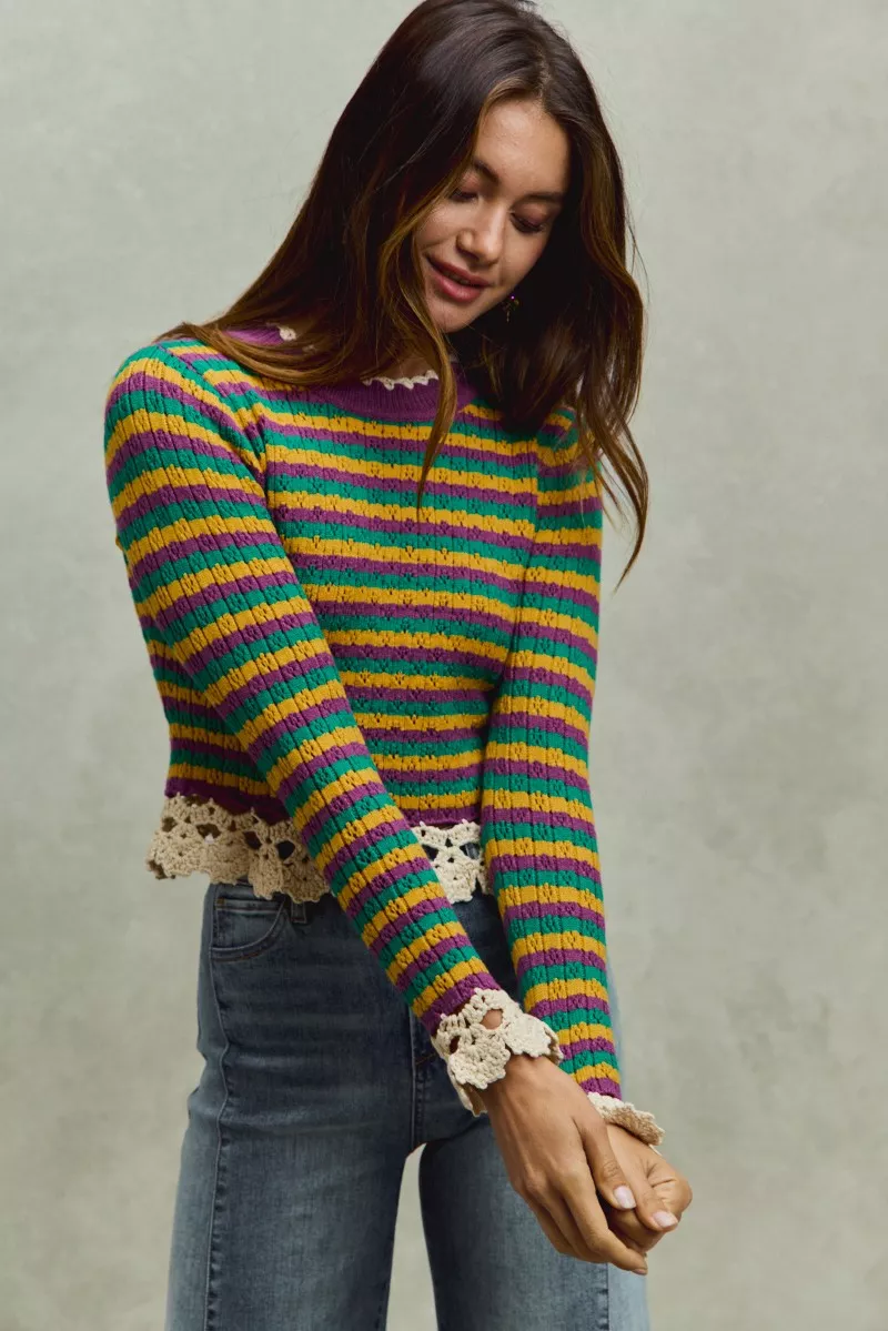 Mardi Gras Striped Cropped Knit Top with Crochet Edge, image 2