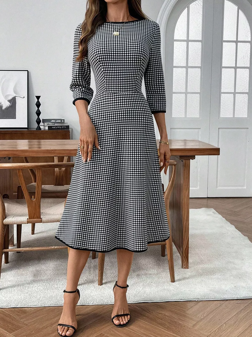 Plaid Round Neck 3/4 Sleeve Dress, image 3