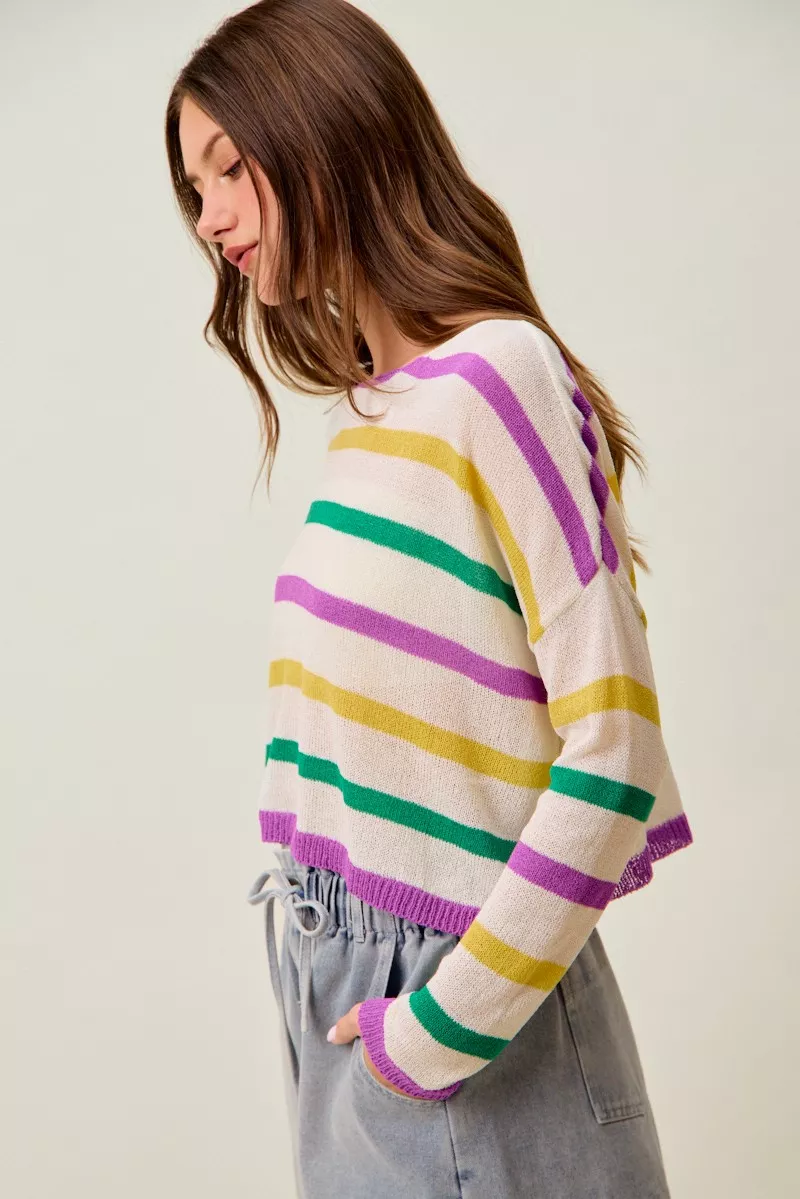 Mardi Gras Color Stripe Lightweight Sweater Top, image 4