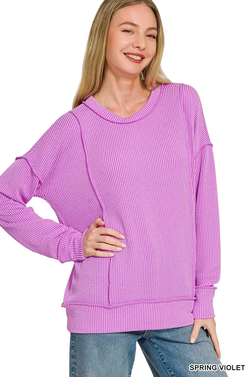 Zenana Corded Rib Long Sleeve Round Neck Top, image 2