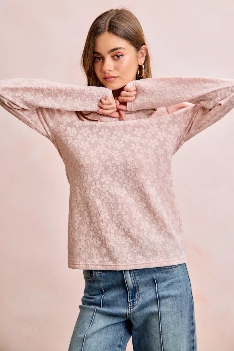 Textured Flower Knit Puff Shoulder Top, image 3
