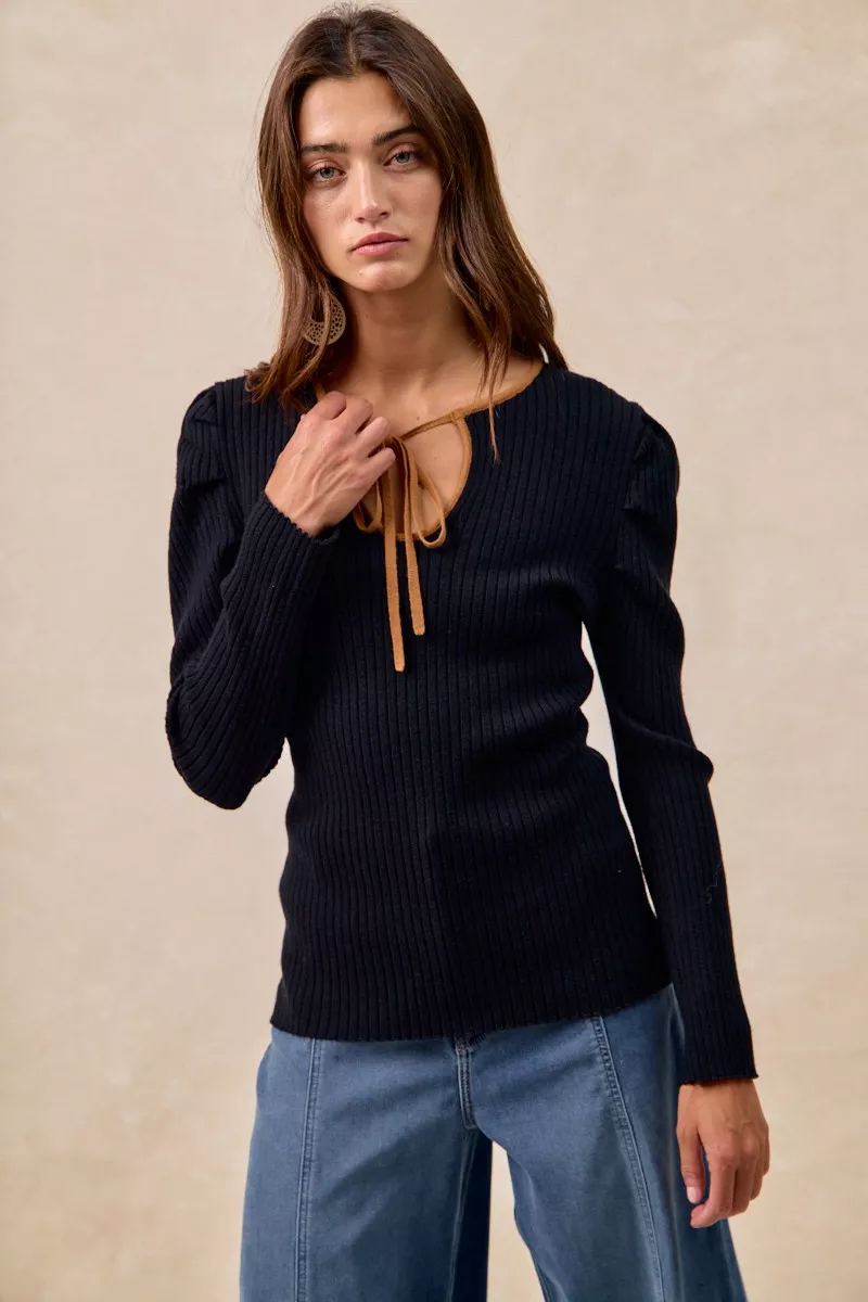 Ribbed Contrast Front Tied Top with Shrried, image 2