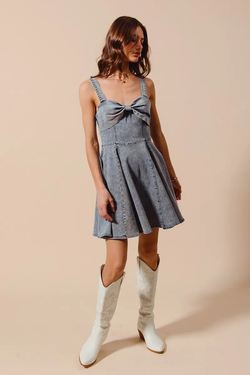 Mineral Washed Bow Ribbon Denim Flare Dress, image 13
