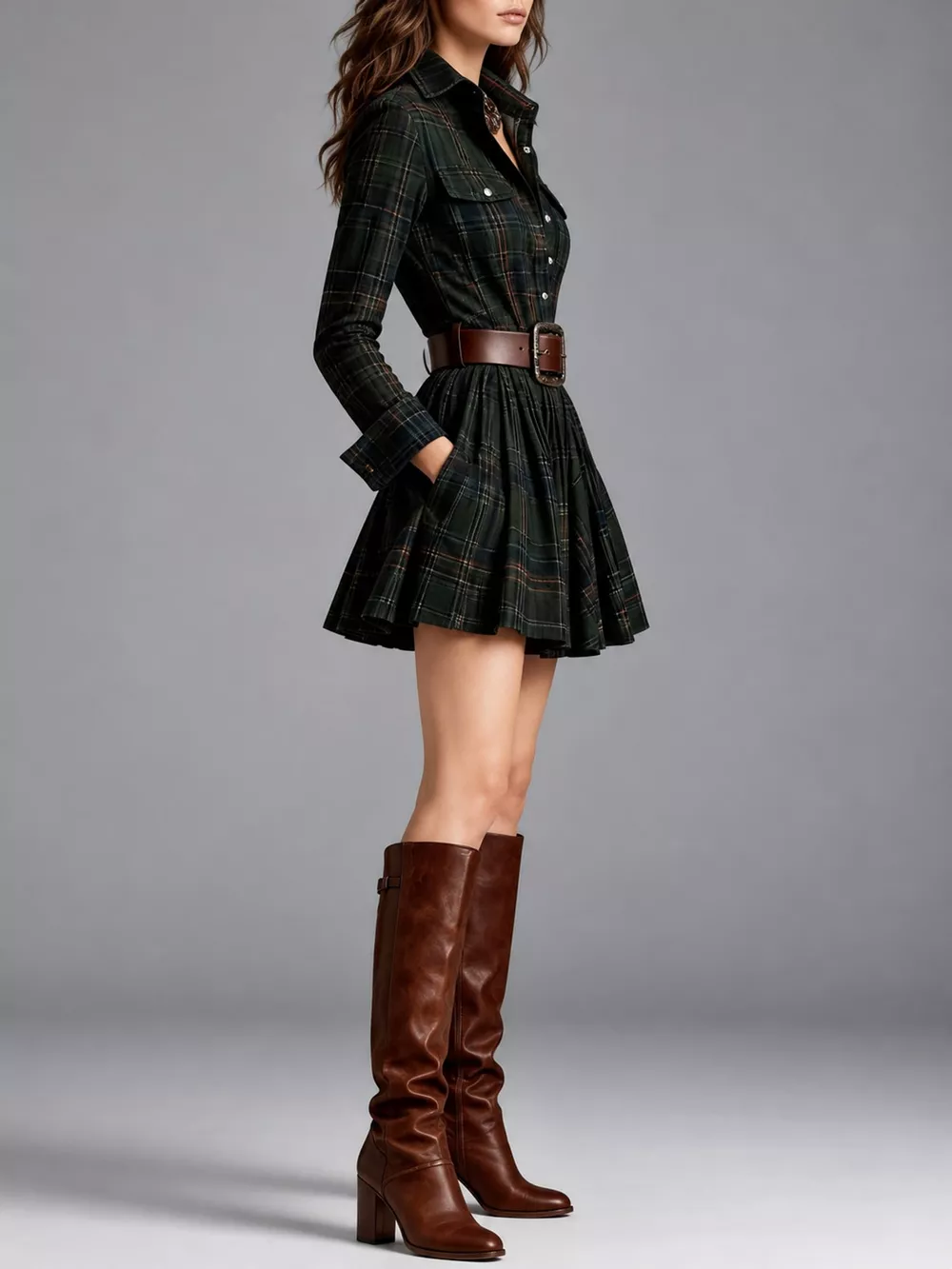 Plaid Long-Sleeve Shirt Dress, image 11