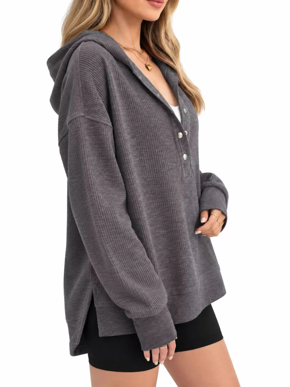 Full Size Snap Button Placket Dropped Shoulder Hoodie Plus Size, image 20