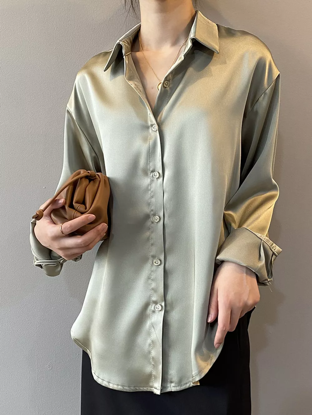 Satin Button-Down Long Sleeve Shirt, image 6