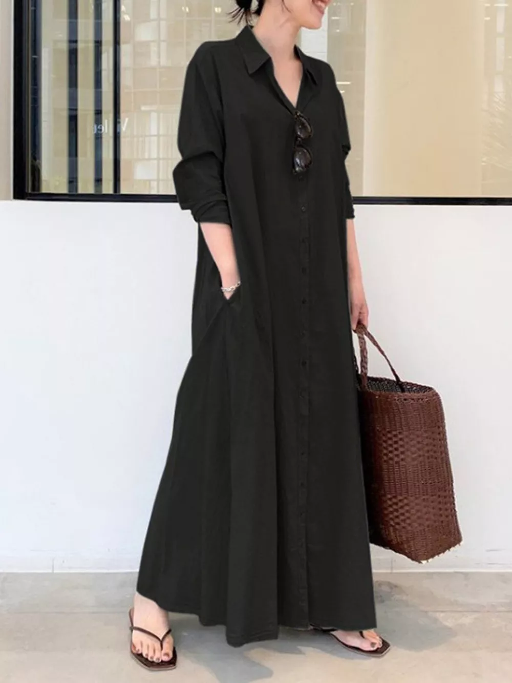 Full Size Button Front Long Sleeve Maxi Shirt Dress Plus Size, image 25