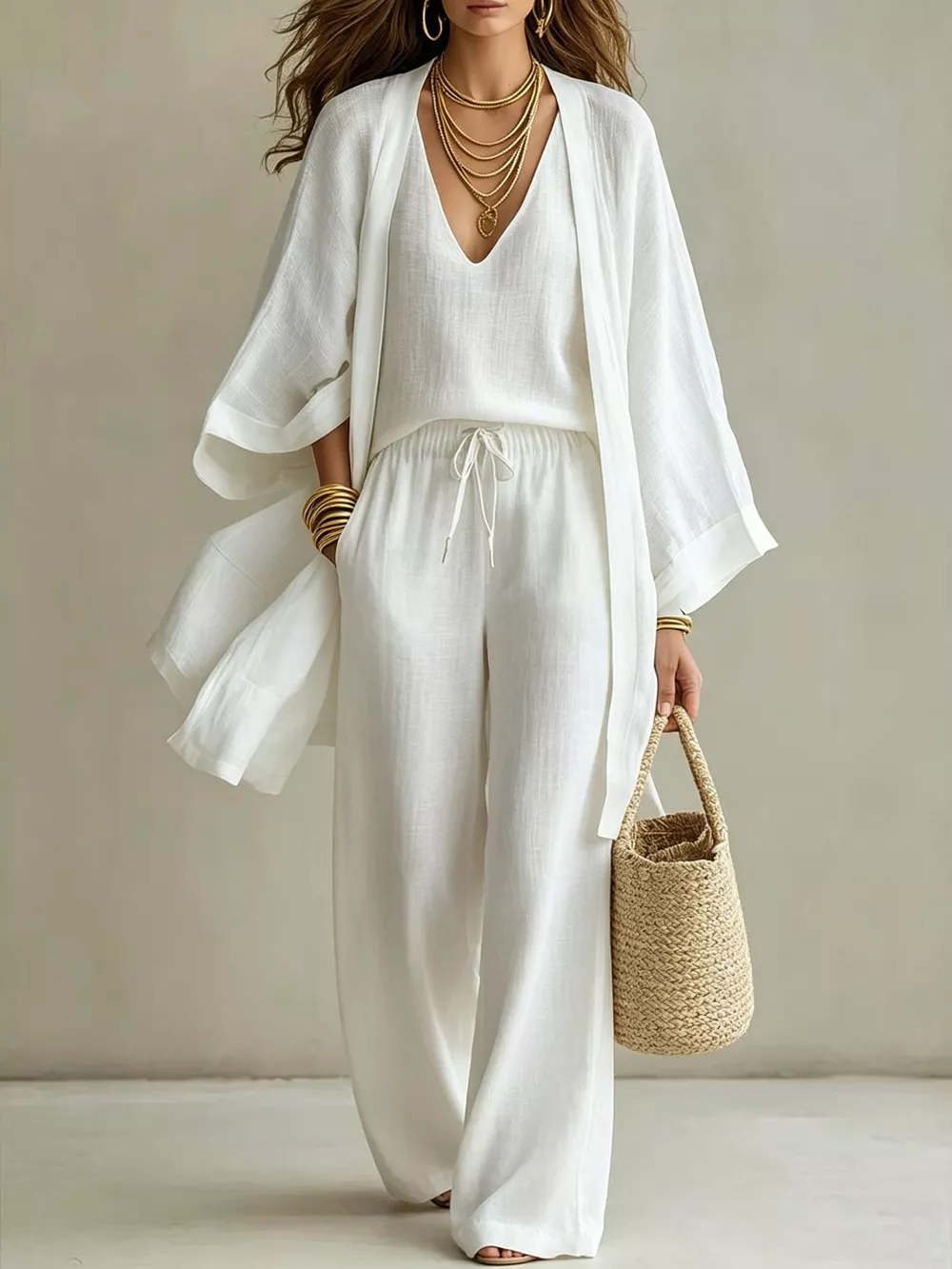 V-Neck Top & Cardigan & Pants Three-Piece Set, image 4