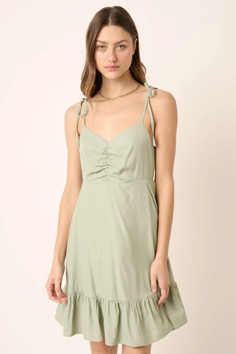 Ruched Detail Spaghetti Tie Mini Dress