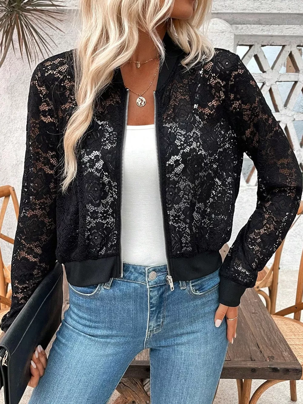 Sheer Lace Zip Up Jacket, image 3