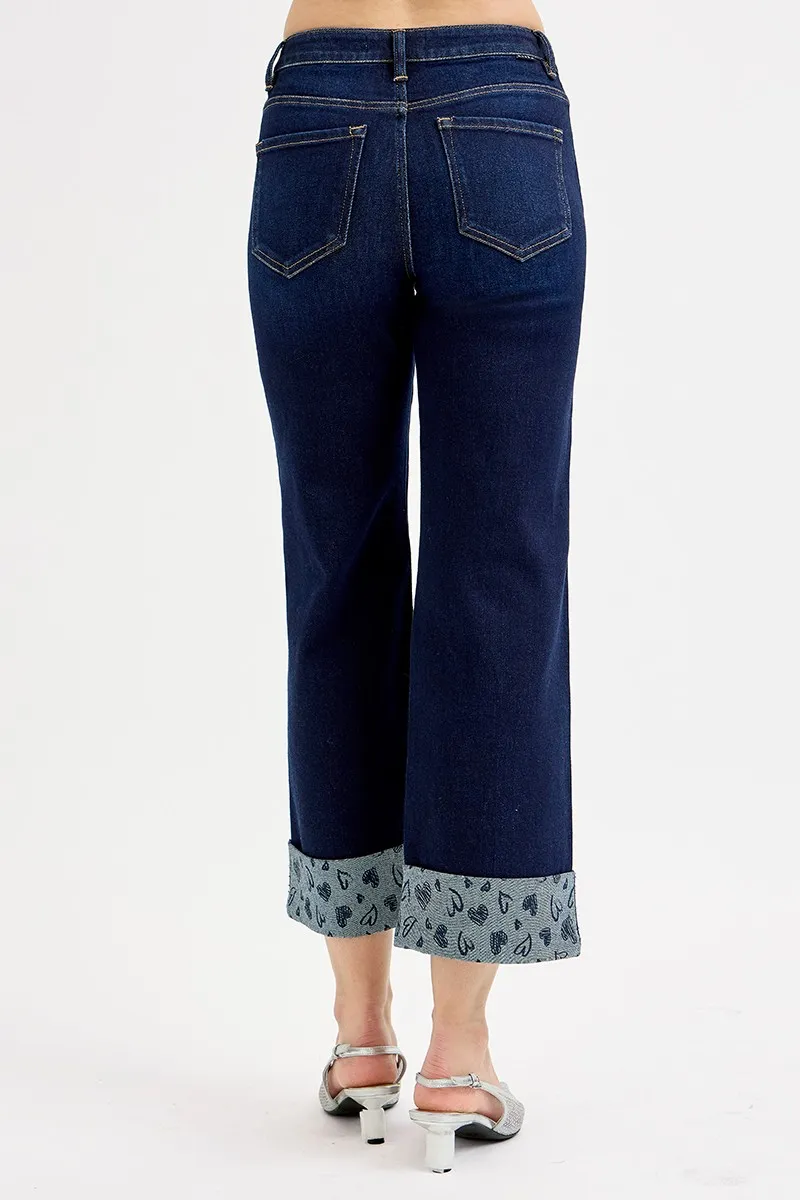 Full Size Mid Rise Fit Crop Wide With Printed Cuff Jeans Plus Size, image 2