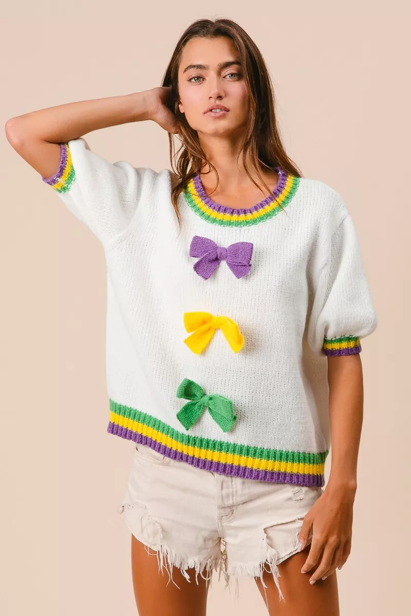 Short Puff Sleeve Ribbon Bow Mardi Gras Sweater, image 12